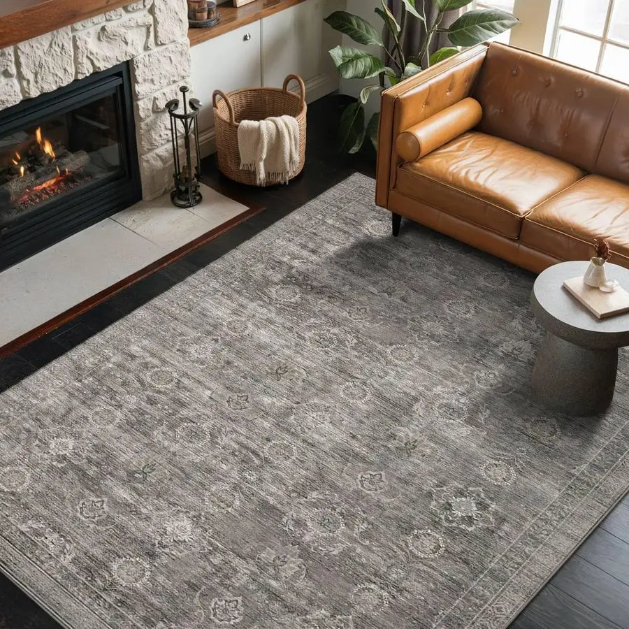 

Rug for Living Room Bedroom, Grey Washable Throw Rugs, Vintage Retro Boho Area Rugs, Non Slip amp Low Pile Accent Carpet for Ind