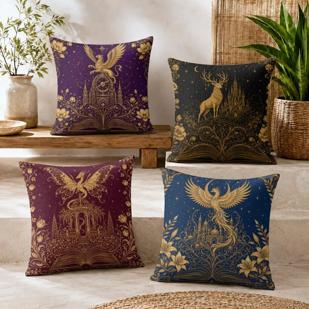 Golden Fantasy Storybook Cushion Cover Summer Coolness Linen Organic Fabric Sofa Pillow Case Double-Sided Printing Home Decor