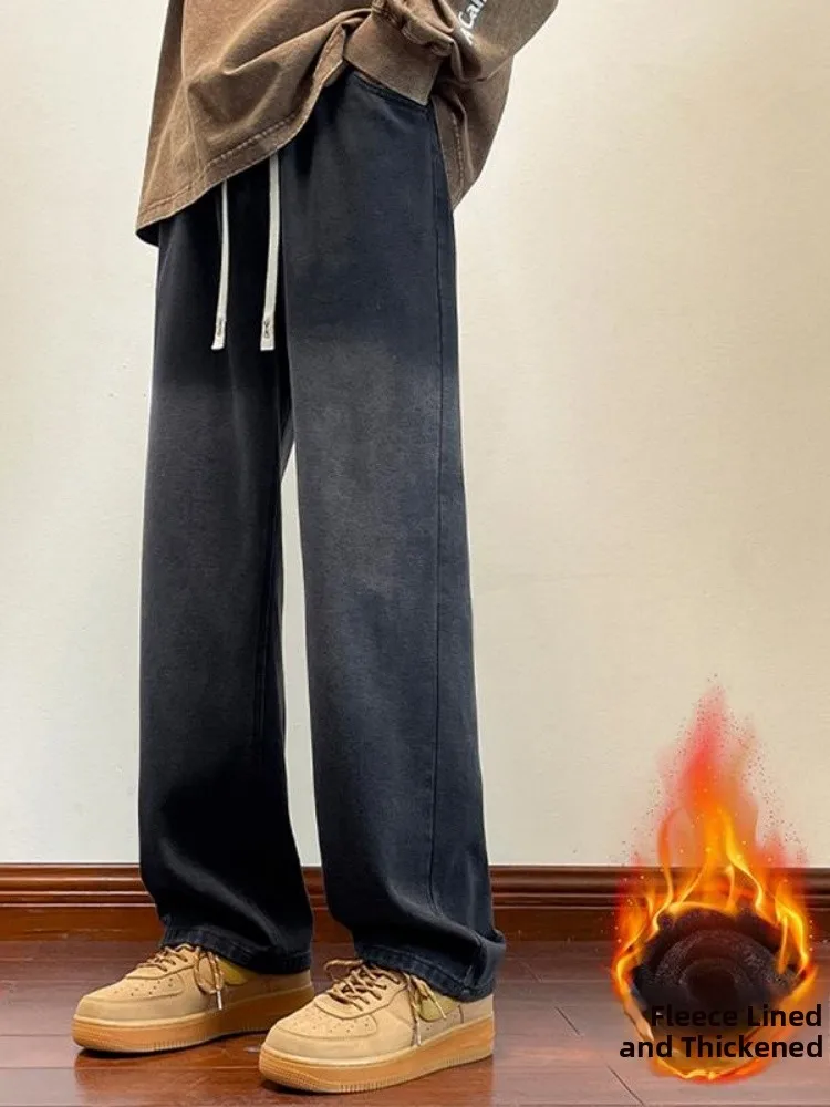 

Men's Autumn Winter Thiened Fce aduated Waed Denim Jeans Straight Leg Wide Leg Pants American High Street Vibe Jeans