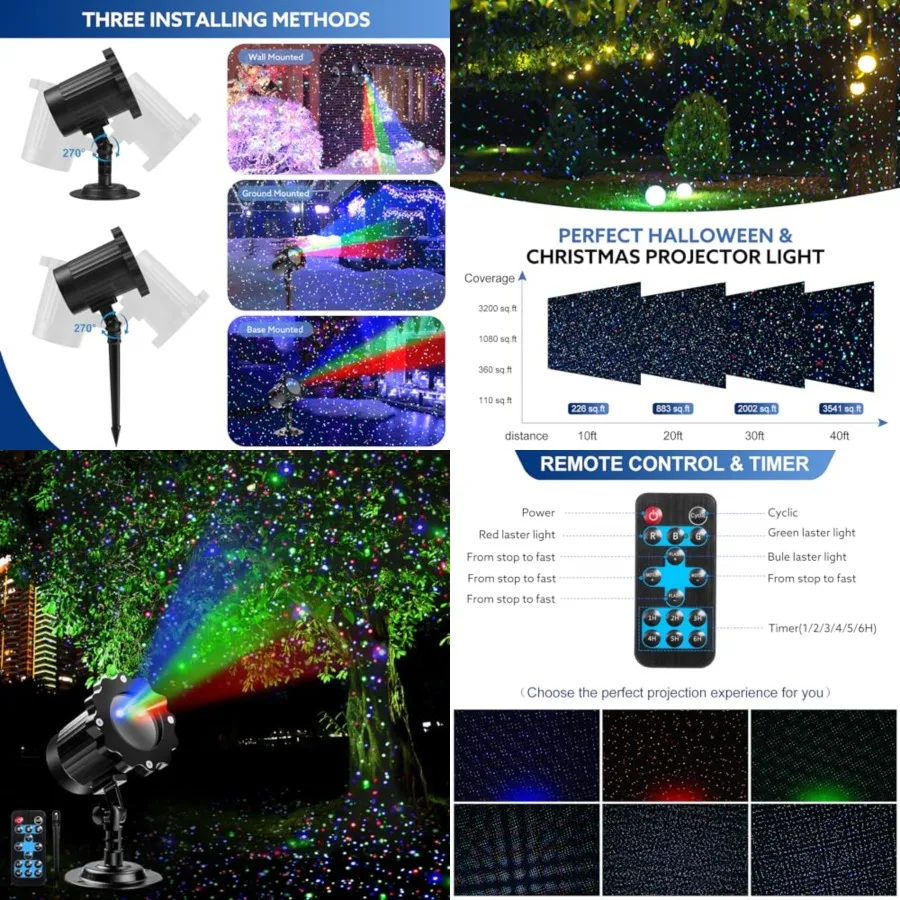 

Outdoor RGB Laser Projector Lights, Moving 3 Color Starry Sky and Firefly Effects Projection Light with RF Control, IP65 Outdoo