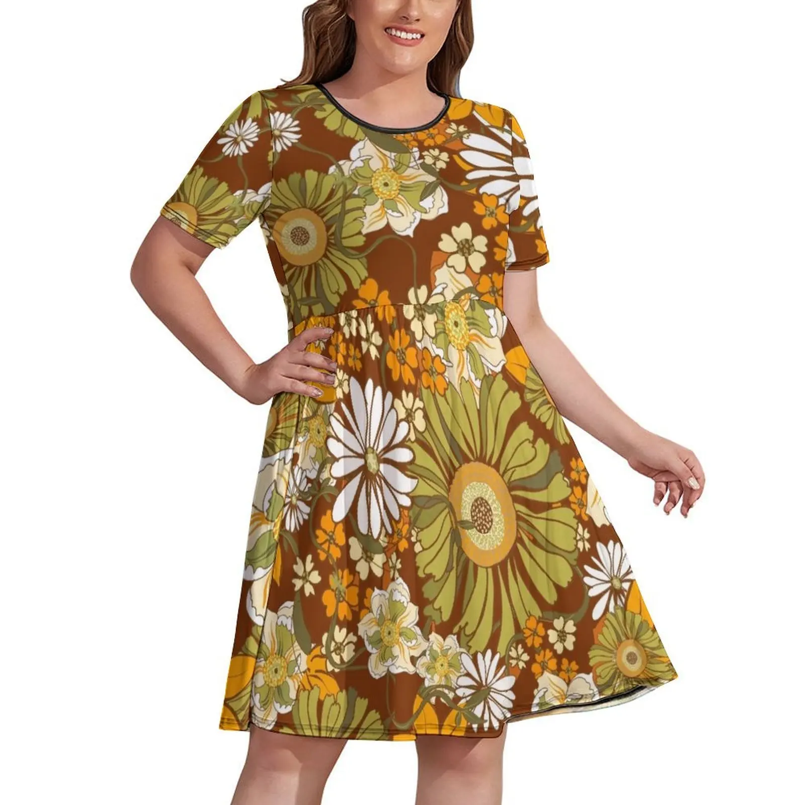 70s Retro Vintage Flower Power pattern boho, orange, brown, Dress ladies dresses for women 2024 clothing women summer 2024