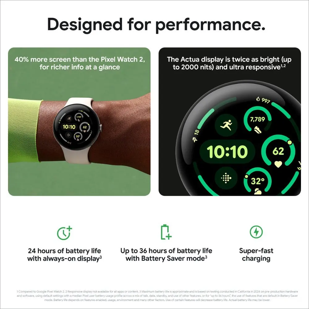 ساعة Google Pixel Watch 3 (41 و45 ملم)، إصدار Wi-Fi/LTE، Qualcomm SW5100، Wear OS 5.0، 2 جيجابايت من ذاكرة الوصول العشوائي، 32 جيجابايت من ذاكرة فلاش eMMC.