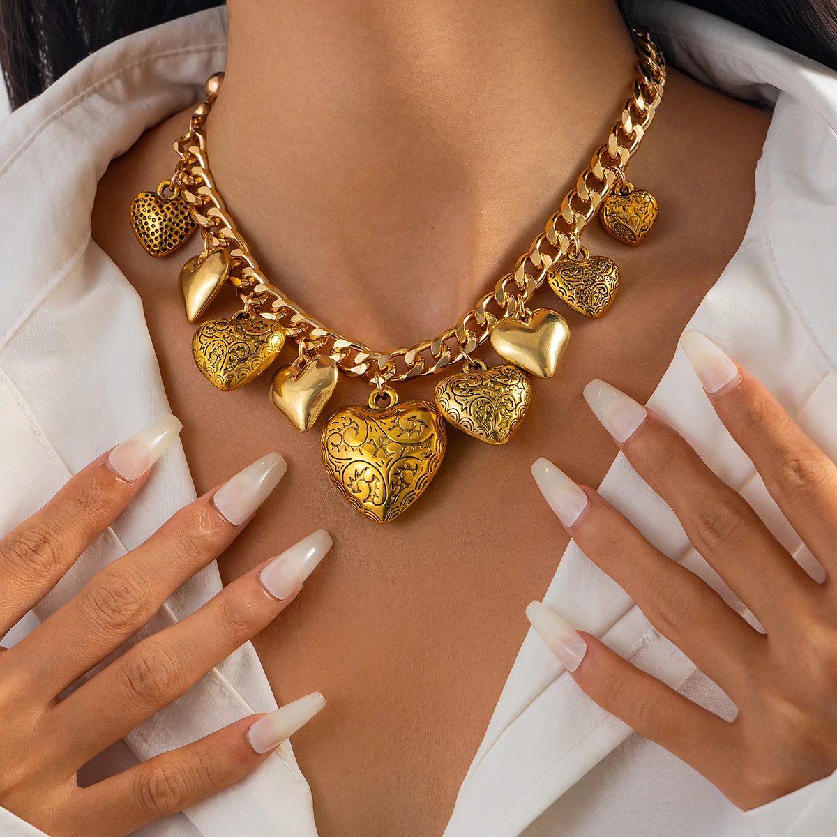 SHIXIN Vintage Printed Love Heart Pendant Necklace Charm Bracelet Women Punk Cuban Collar Chain Chunky Choker Grunge Jewelry Set