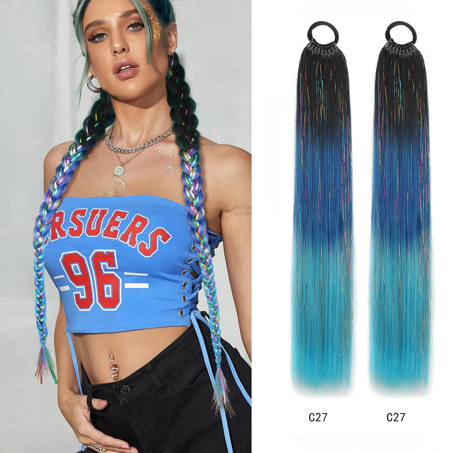 Extensiones de Cola de Caballo con Lentejuelas Moradas, Rojas y Rosas, con Coletero Elástico, Cabello Sintético para Trenzar para Niñas, Día del Cabello Loco, Cabello Estilo Brave