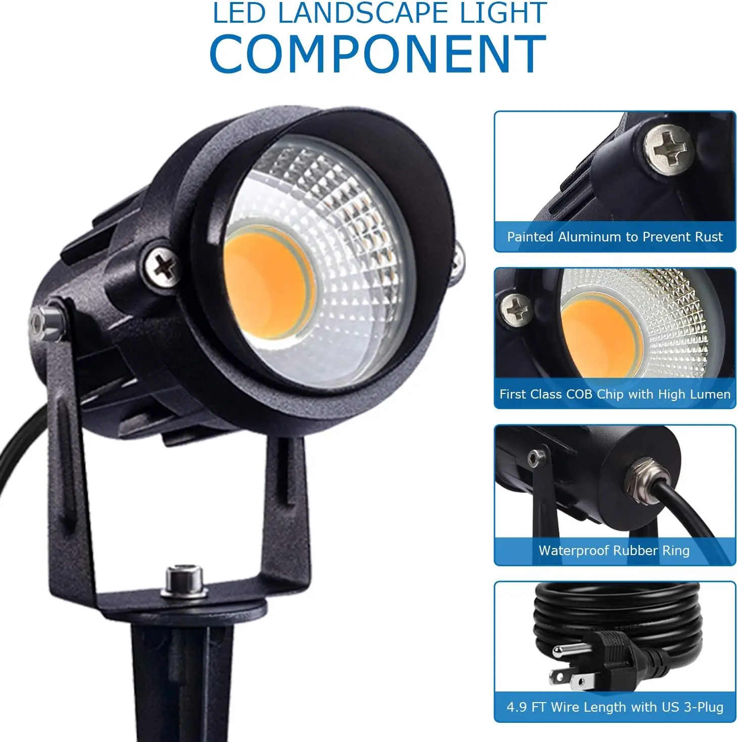 12W LED-Außenscheinwerfer, wasserdicht, Landschaftsbeleuchtung, warmweiße Gartenlampe mit US-Stecker (6er-Pack)