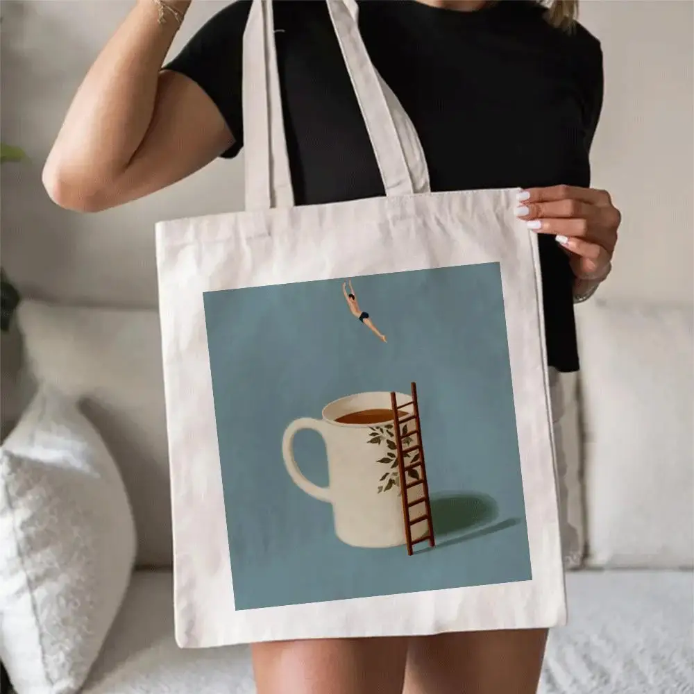 1pc White Coffee Cup Filled With Brown Tea, Accompanied By A Casual Canvas Tote Bag That Has No Closure, Is Foldable And Reusabl