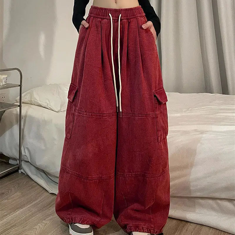 Spring Autumn Vintage Cargo Jeans Pants Women Korean Y2K Fashion Drawstring Casual Wide Leg Sweatpants Couple Trousers