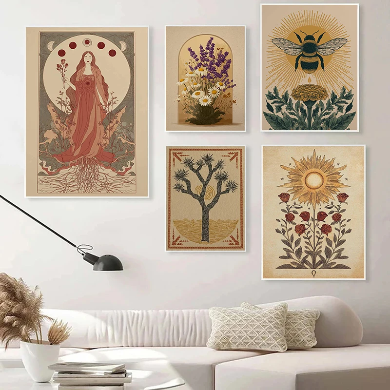 Classic Boho Style Tree of Life Peacock Sunflower Goddess Retro Poster Canvas Paintings Wall Art Pictures Coffee Shop Home Decor