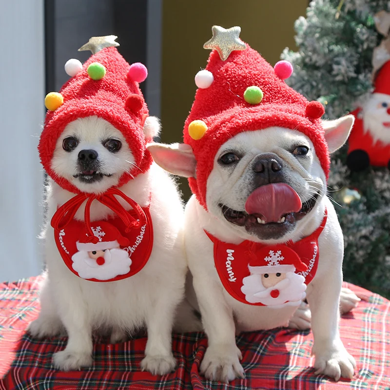 Dog Cat Christmas Hat Bib Costumes Santa Reindeer Winter Cute Cosplay Dress Up Clothes for Teddy Chihuahua Corgi Pet Supplies