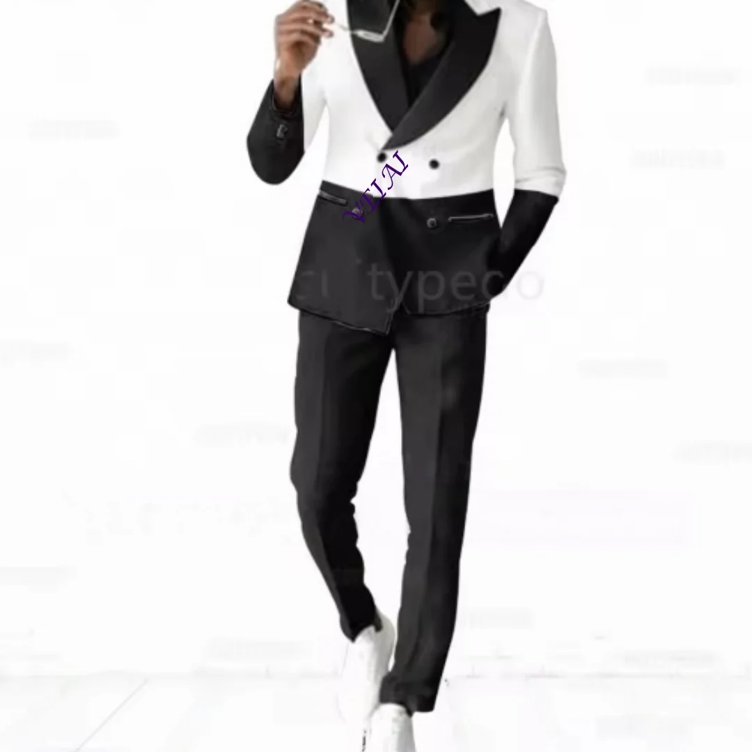 Elegant Double-Breasted Slim Fit Men's Suit Peak Lapel Customized Splicing Design Fashionable Evening Dinner Prom Party Wear