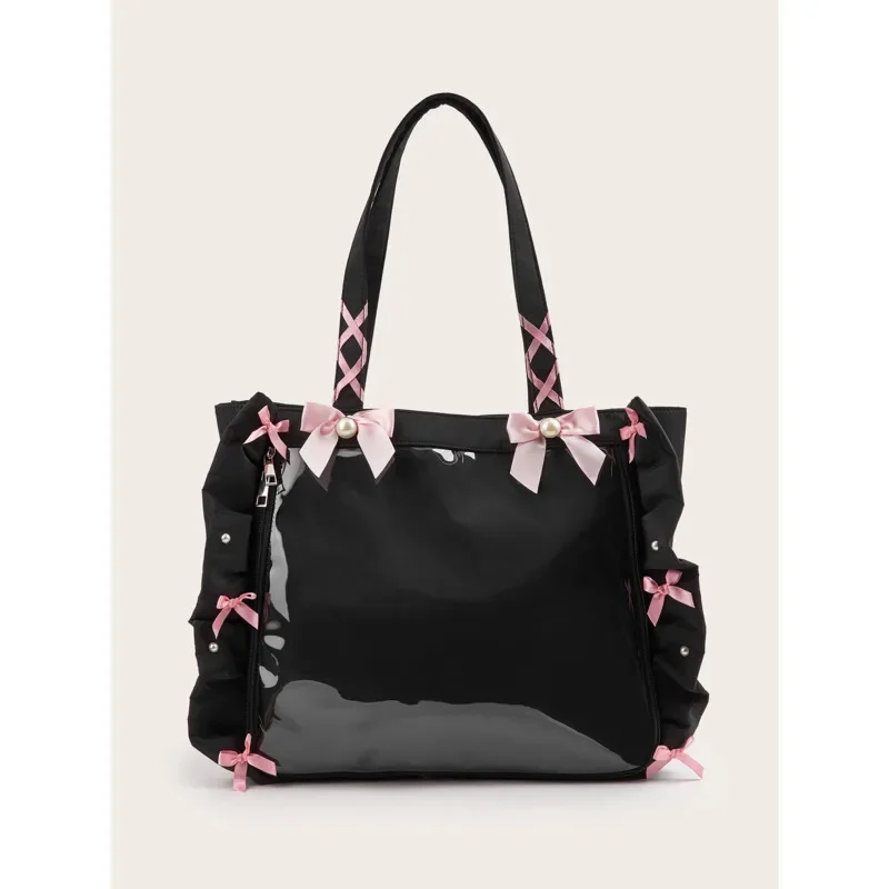 Landmine Bow Tie Itabag Japan Ruffle Edge Ribbon Hand-held Shoulder Tote Bag Badge Bar High Capacity Zip Bag Women's Handbag New