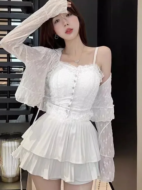 퓨어 디자이어 슬레 레이스 트림 벨트드 또는 오픈 카디건 스파이시 걸 벨 슬리브 자외선 차단 의류 에어컨 셔츠