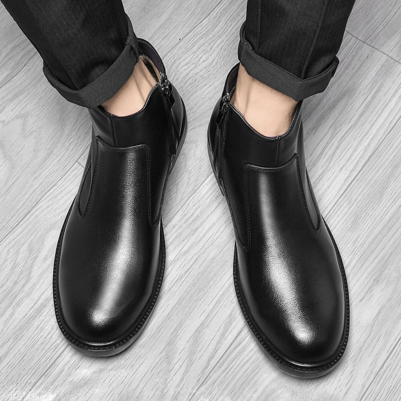 

High Quality Cowhide Soft and Comfortable Chelsea Boots Luxury Brand Winter Plush Warm High Top Outdoor Mens Boots Walking Boots