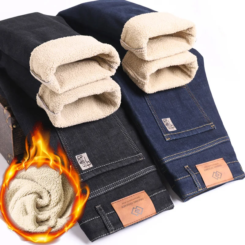 Inverno lã veludo negócios casual confortável térmico em linha reta preto azul denim calças jeans masculinas velo engrossado jeans
