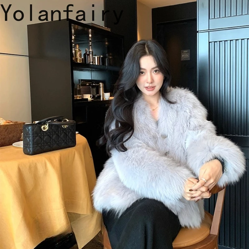 معاطف ثعلب طبيعي من YOLANFAIRY معاطف نسائية شتوية دافئة ورقبة على شكل حرف v وأكمام طويلة على الطراز الكوري معاطف فرو ثعلب كاملة حقيقية للسيدات 2025