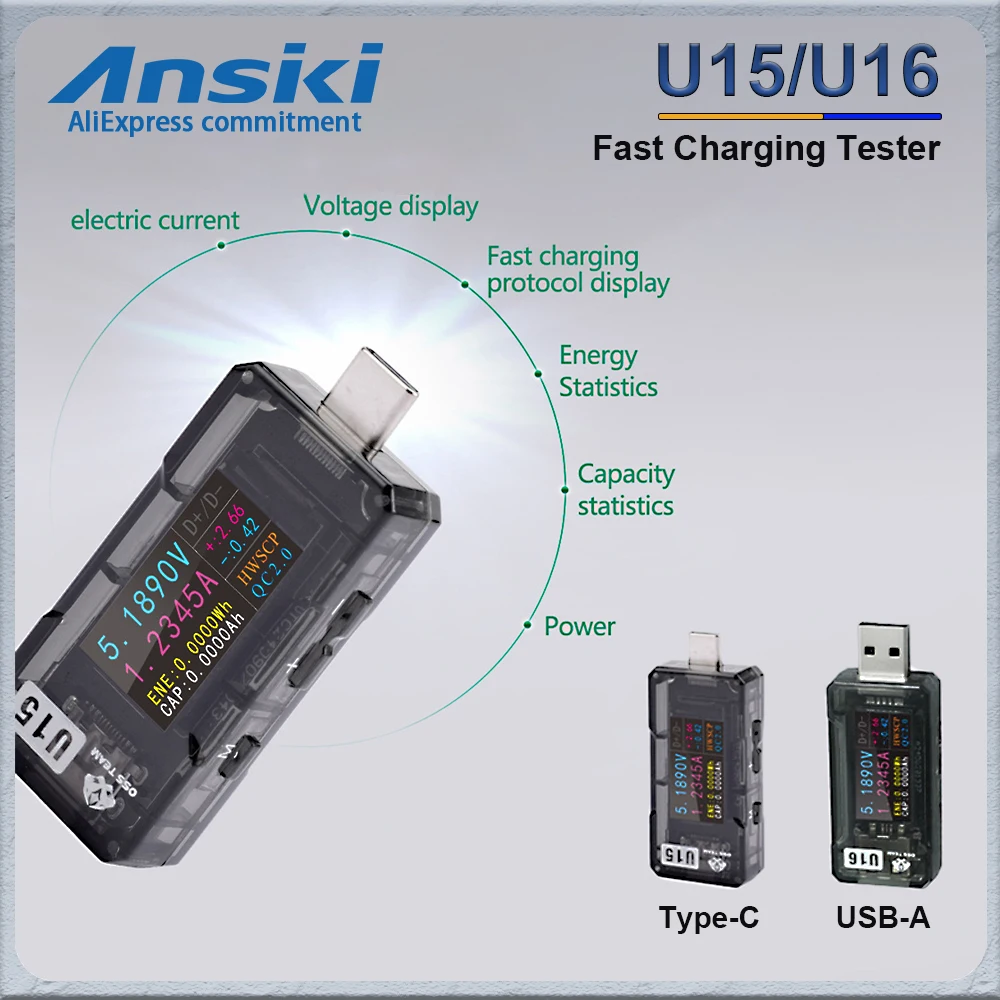 

OSS U15/U16 Fast Charging Tester LCD screen Type-C/USB-A optional PD/QC2.0/QC3.0 High accuracy Voltage Current Inspection Tool