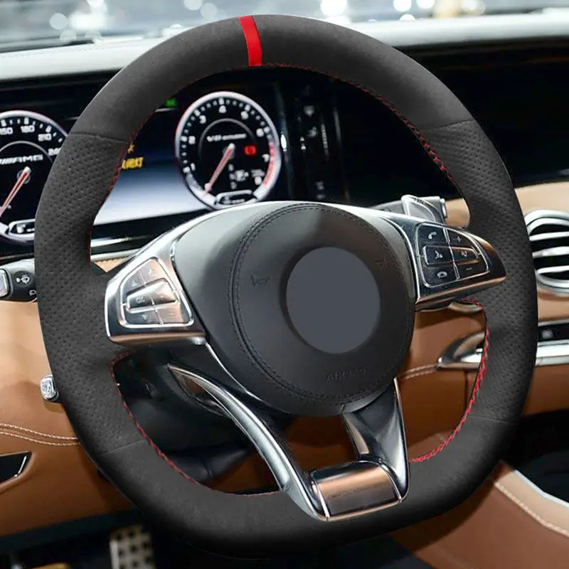 Suede Leather Car Interior Steering Wheel Trim For Mercedes Benz A Class AMG A45 C 43 63 2015 2016 2017 2018 S-Class S500 2016