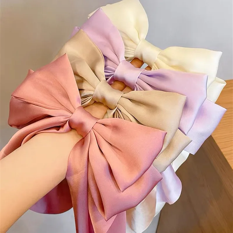 Moda estate Oversize Barrette fiocco Clip per donna ragazze Chiffon tornante lungo nastro di raso viola grandi accessori per capelli Bowknot