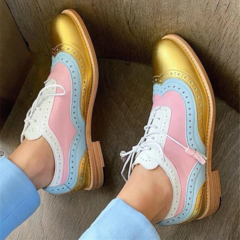 Vintage Lace Up Casual Oxfords Shoes For Women Footwear Women's Flats Oxford Shoes Soft Pu Leather Flat Oxfords Ladies Brogues