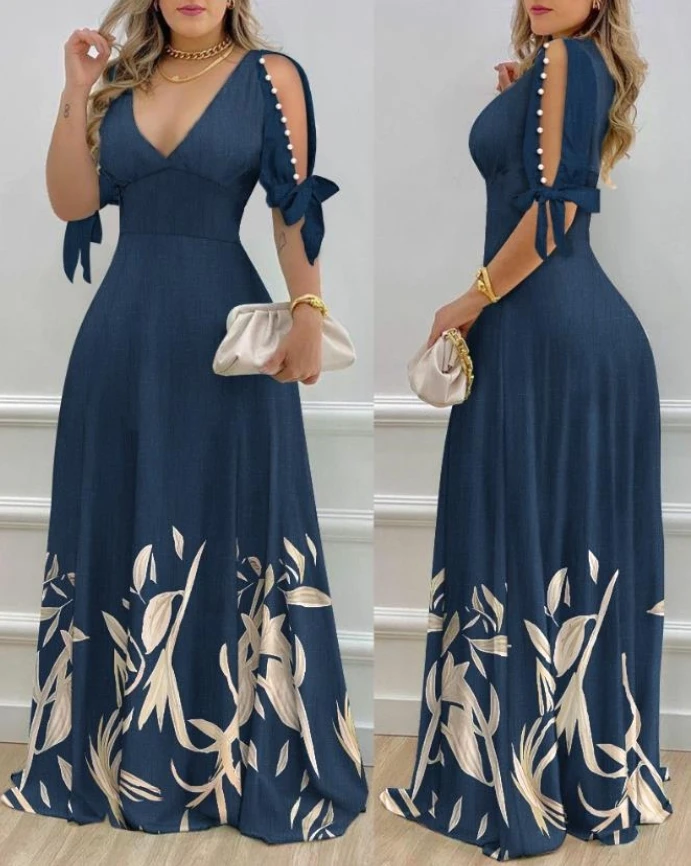 

V-neck waist cinching printed pearl decorative long skirt