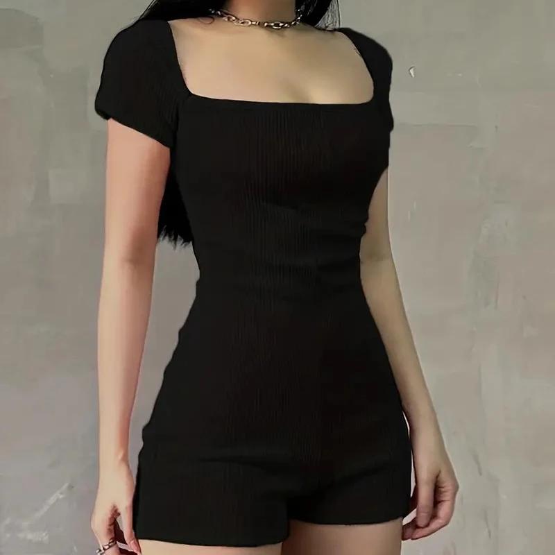 2024 Summer New Black Short Sleeve Rompers Women Square Collar Fashion Slim Bodysuit High Waist Sexy Jumpsuits Shorts Streetwear