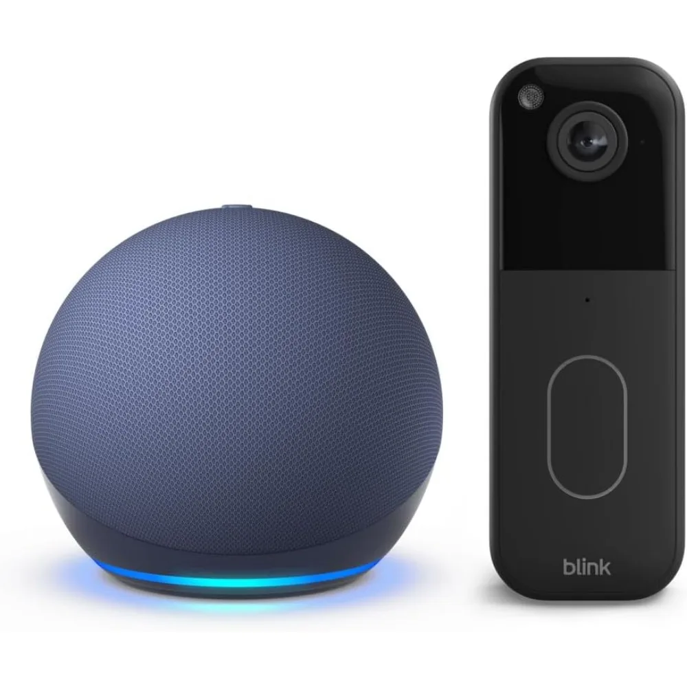Smart Speaker in Deep Sea Blue + Long-lasting Battery Video Doorbell with HD View and Sync Module