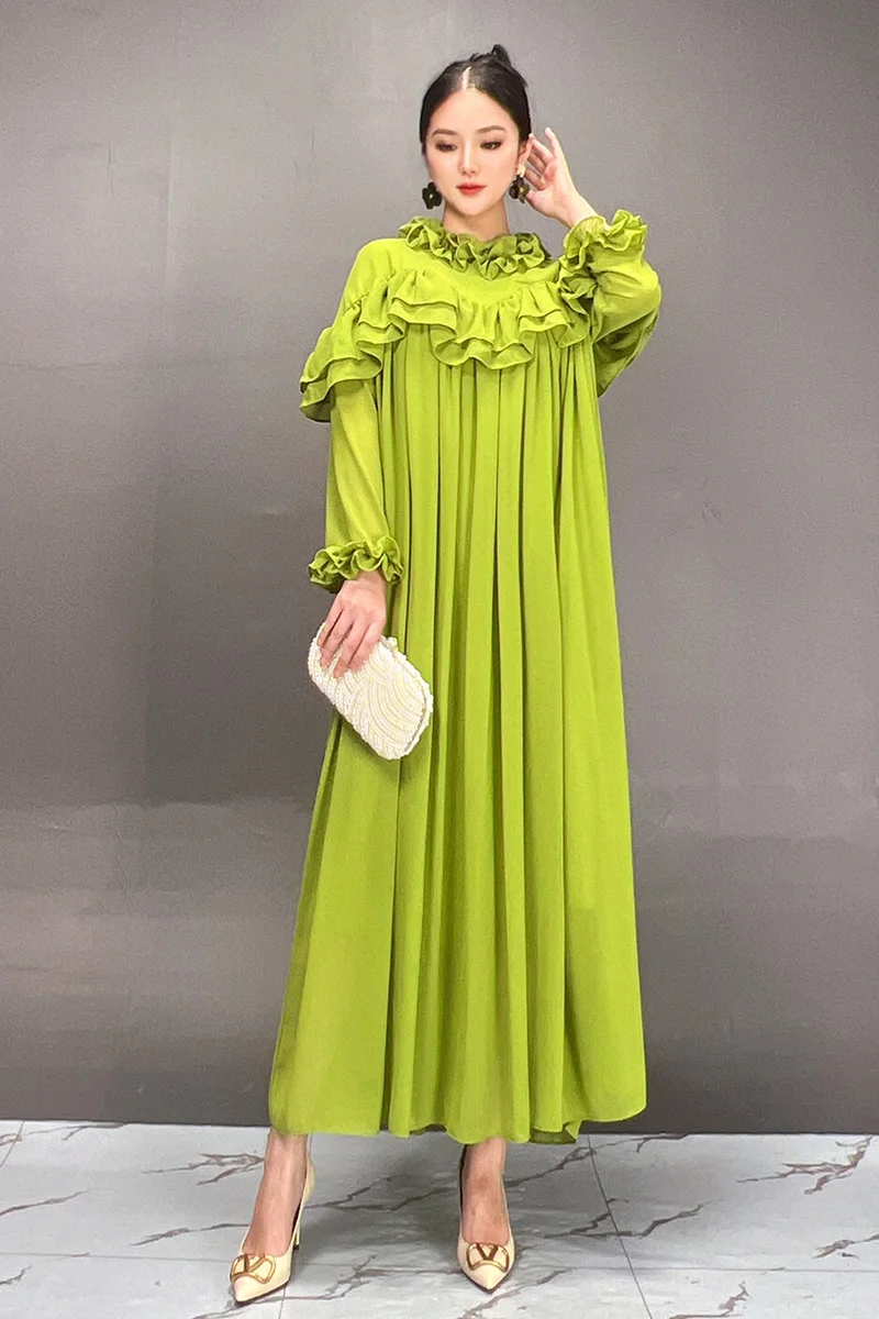 2024 Autumn New Elegant Folds Green Loose Long Dresses Women Trendy Fashion Long Sleeve Dress Wholesale J401