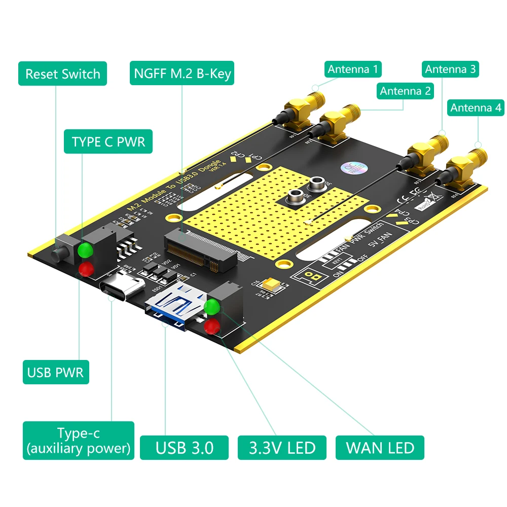 NGFF(M.2) 4G/5G Module to USB 3.0 Adapter with auxiliary power