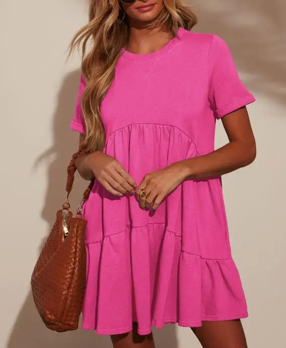 

Women's Dress Summer New Fashionable Elegant Sweet Casual Solid Color Simple Round Neck Loose Straight Tube Short Sleeved Dress