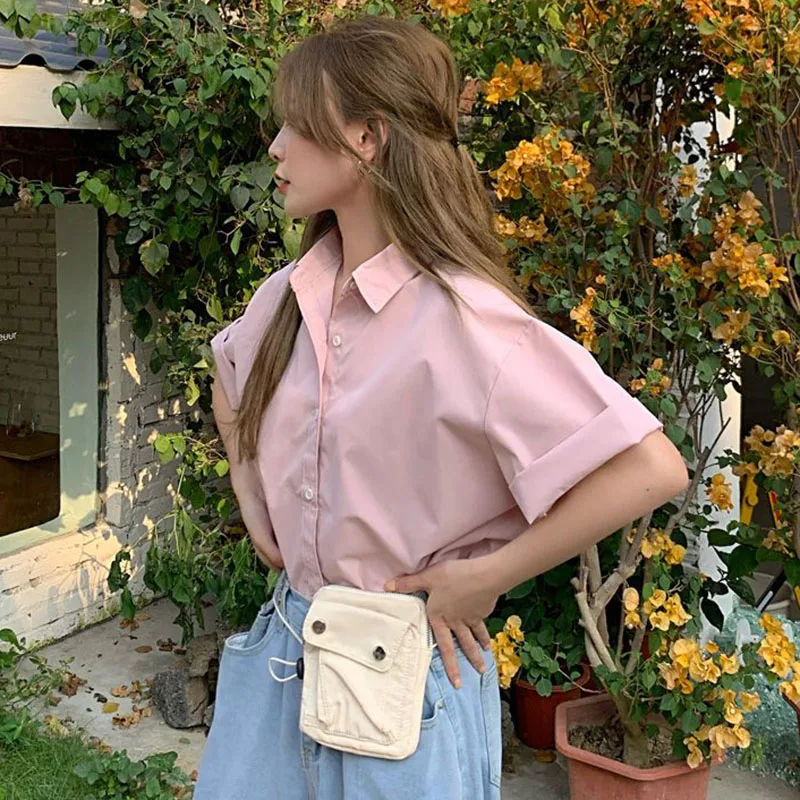 Lucyever Simple Basic Solid Color Shirt Women Summer Lapel Single Breasted Short Sleeve Blouse Ladies Korean Loose Commute Tops