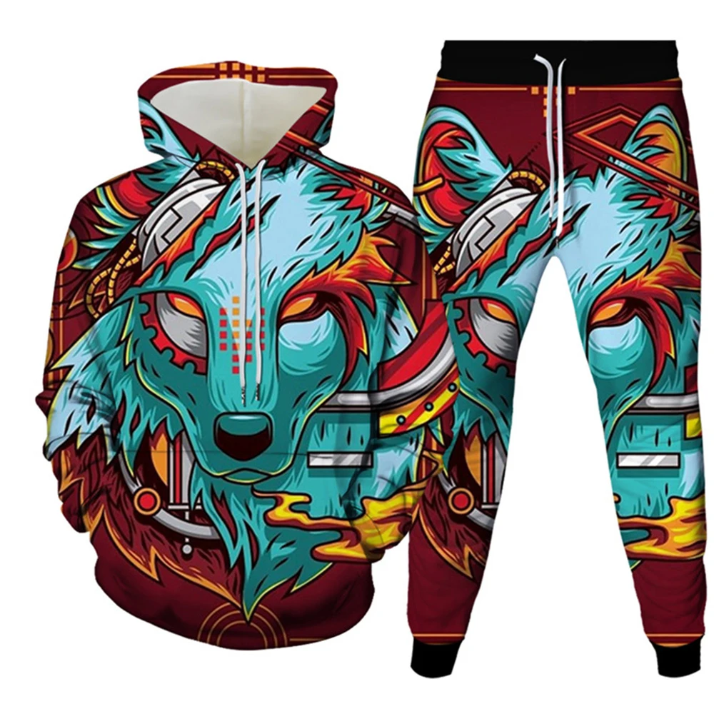 Men\'s Sets Animal Wolf 3D Print Men\'s Tracksuit Sets Hoodie Pants 2pcs Sets Oversized Sweatshirt Fashion Streetwear Men Clothing