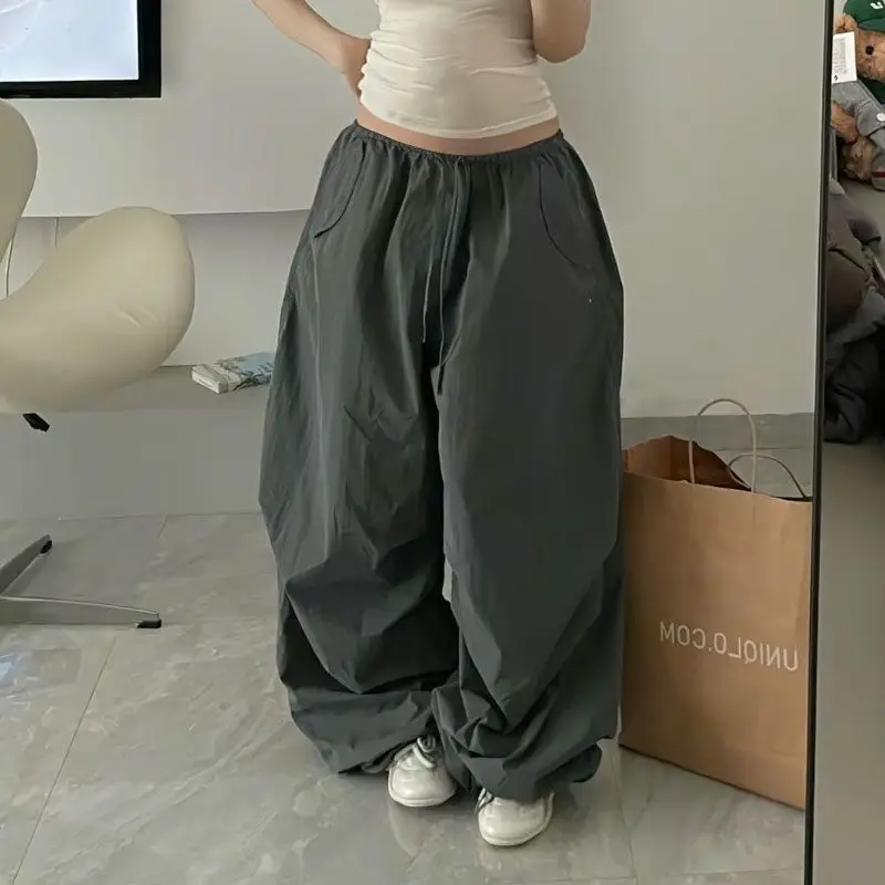 Deeptown Beige Oversized Women Parachute Pants Basic Wide Leg Jogging Korean Fashion Cargo Sweatpants Baggy Hip Hop Casual New