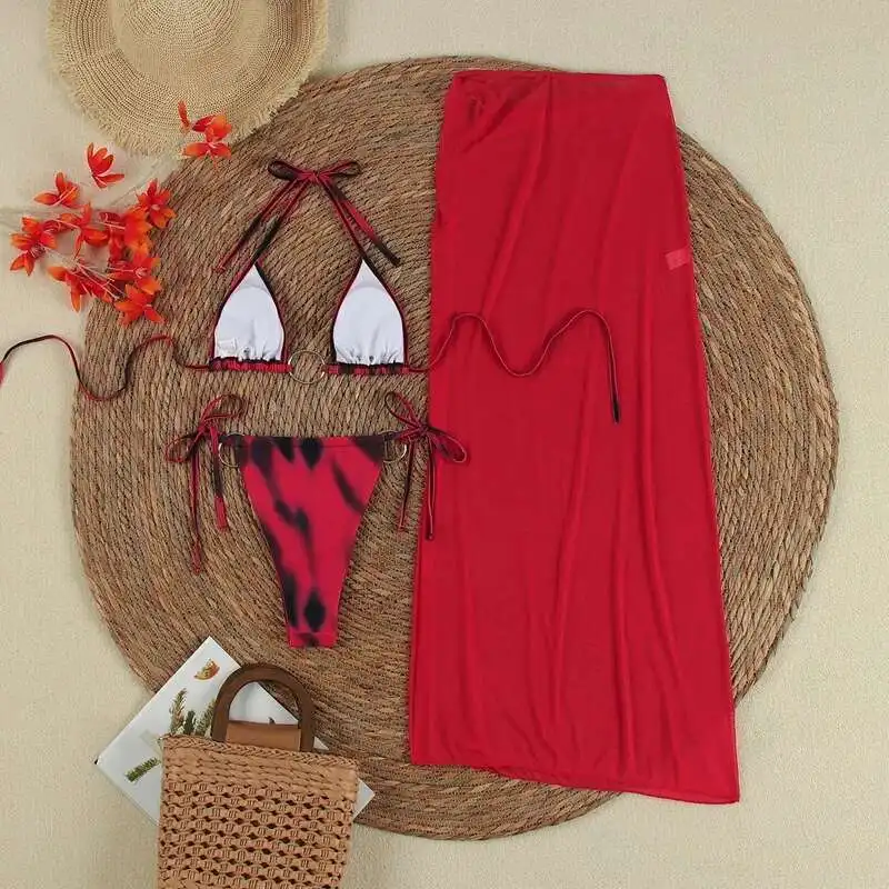 Conjunto de tres piezas con estampado degradado para mujer, traje de baño Sexy con falda larga de malla y hebilla, traje de baño para vacaciones de verano