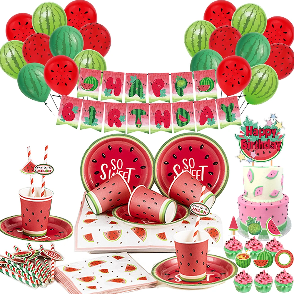 

Watermelon Party Decorations Disposable Tableware Plates Cups Napkins Cake Topper Kids Summer Watermelon Birthday Party Supplies