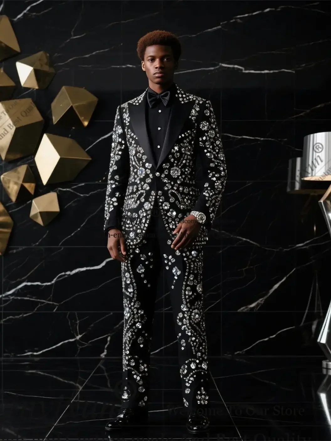 

High-end Diamond Beaded Men Suit Customized Slim Fit Wedding Tuxedos 2 Pieces Sets Groom Male Blazers Luxury Ropa hombre