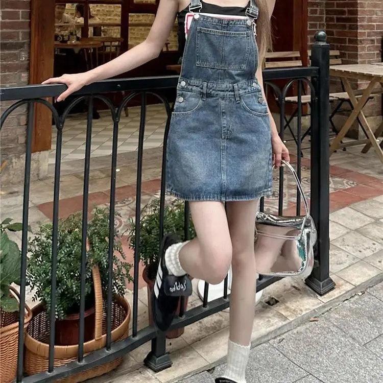 

Новинка 2026: Женский джинсовый комбинезон в американском ретро-стиле, модный прямой свободный комбинезон с широкими штанинами, уличный стиль, юбка-трапеция