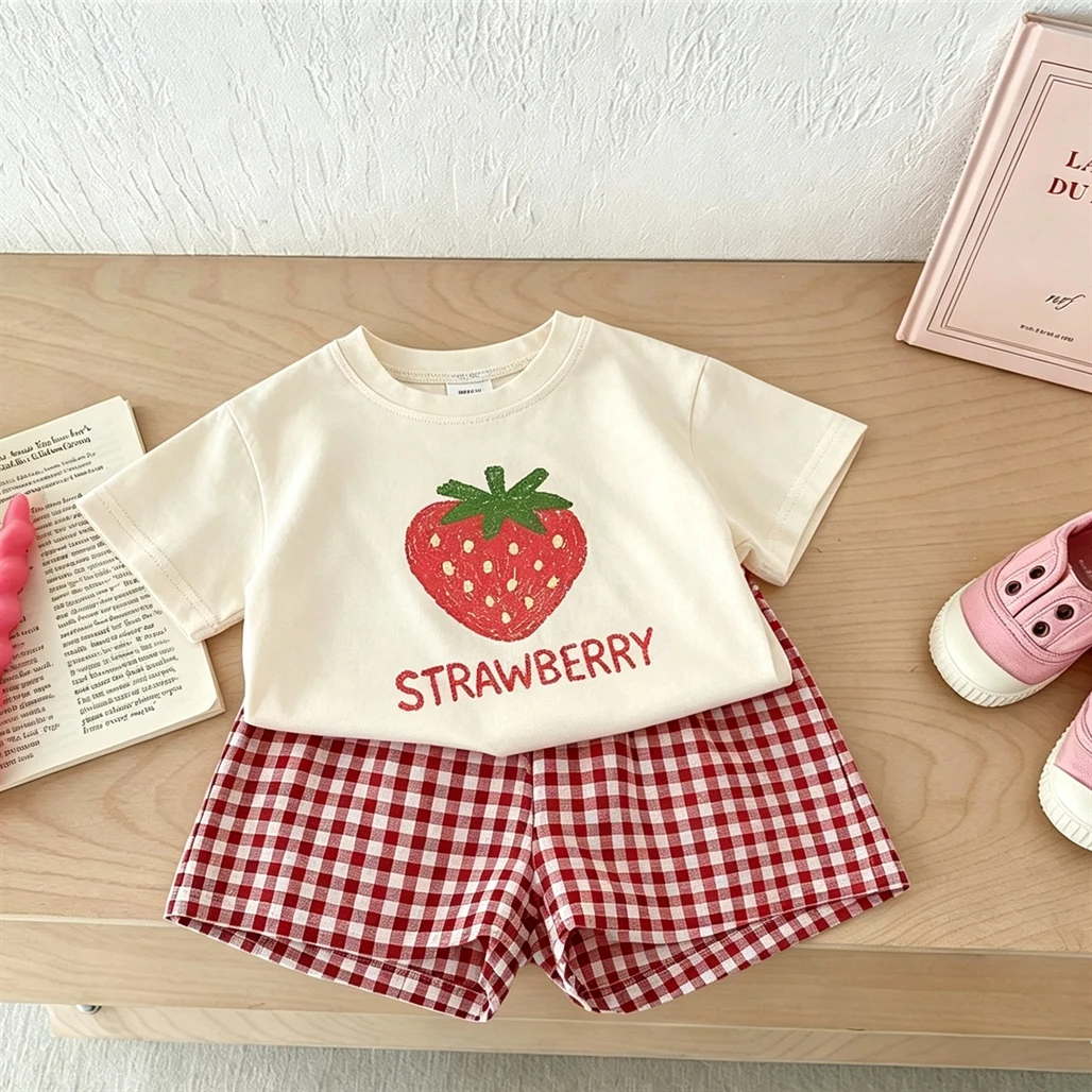 Fruit Tshirt Plaid Shorts Two Piece Set Children's Summer Clothes Thin Lovely White Tees All-match Shorts Casual Sports Outfits