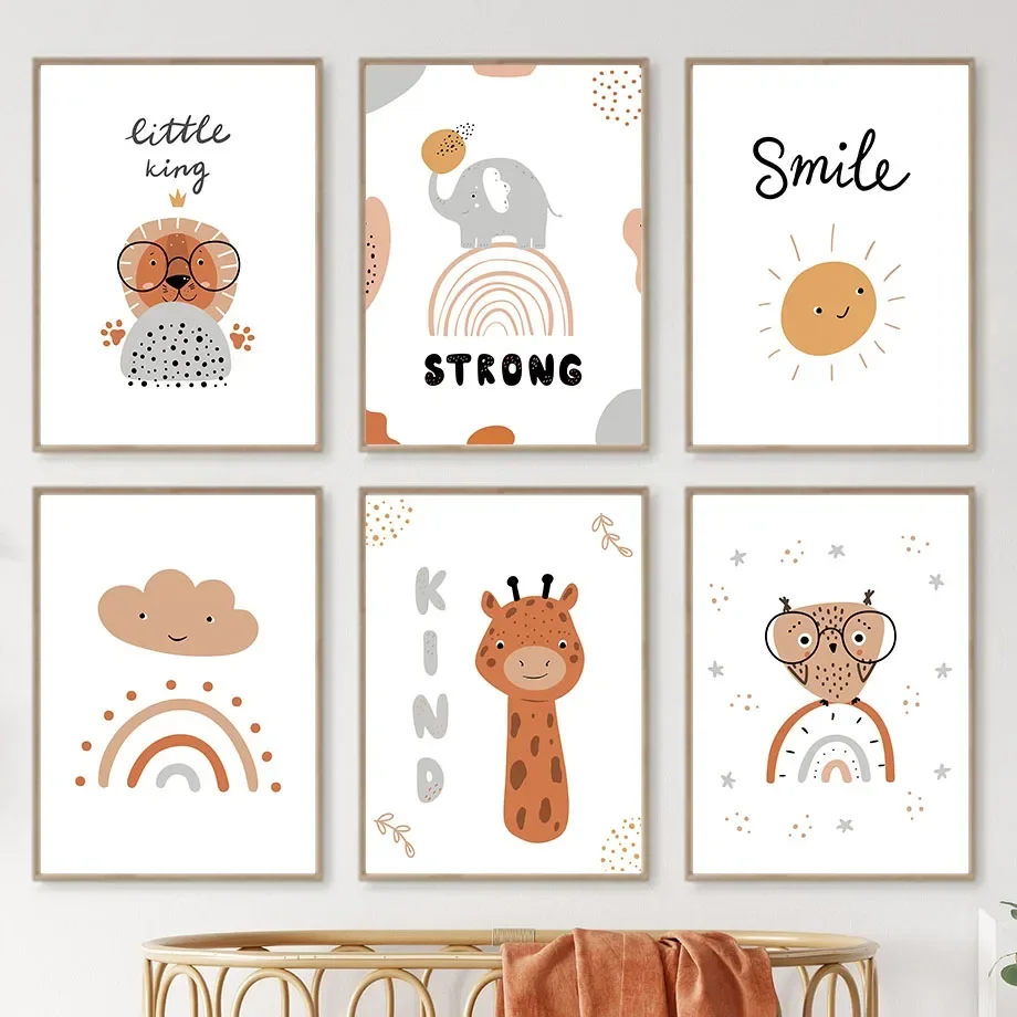 Pósteres e impresiones nórdicos, cuadro sobre lienzo para pared, elefante, León, jirafa, búho, ciervo, citas de arcoíris, imágenes de pared, decoración para habitación de niños