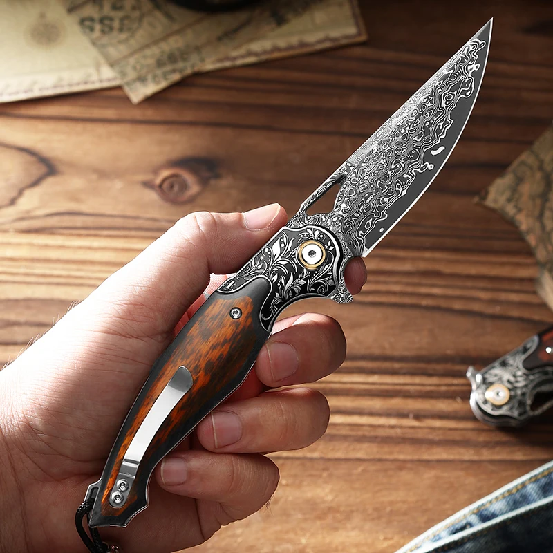 High-quality Damascus steel pocket folding knife versatile EDC tool for men daily use, ideal for camping, hiking, and adventure