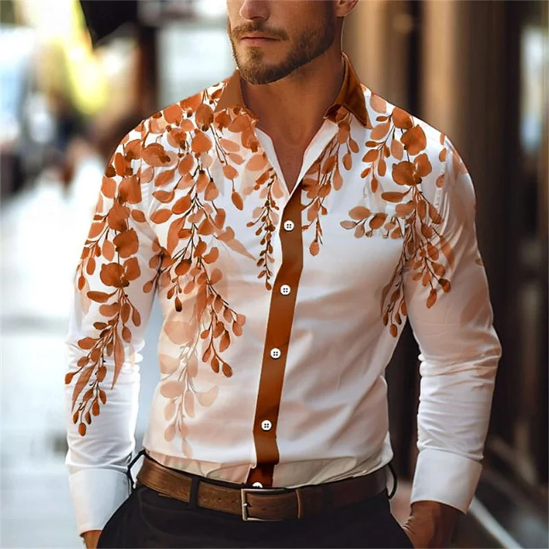 Men\'s Leaf Vine Print Long Sleeve Shirt Lapel Street Resort Wear Fashionable Casual Hawaiian Shirt Top