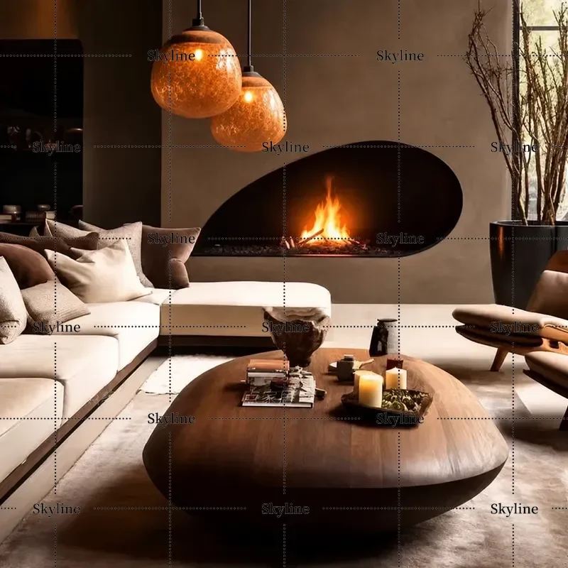 Medieval Style Walnut Oval Coffee Table Wabi Sabi Low Table Creative Special Shaped Design for Small Apartment Home Advanced