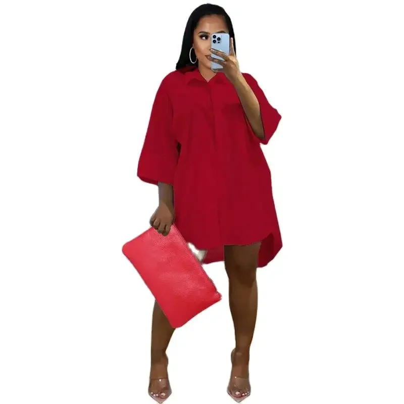 

Women Loose Shirt Dresses Lapel Neck Seven-quarter Sleeve Single-breasted Cardigan Dress Female Office Commuter Solid Color Gown