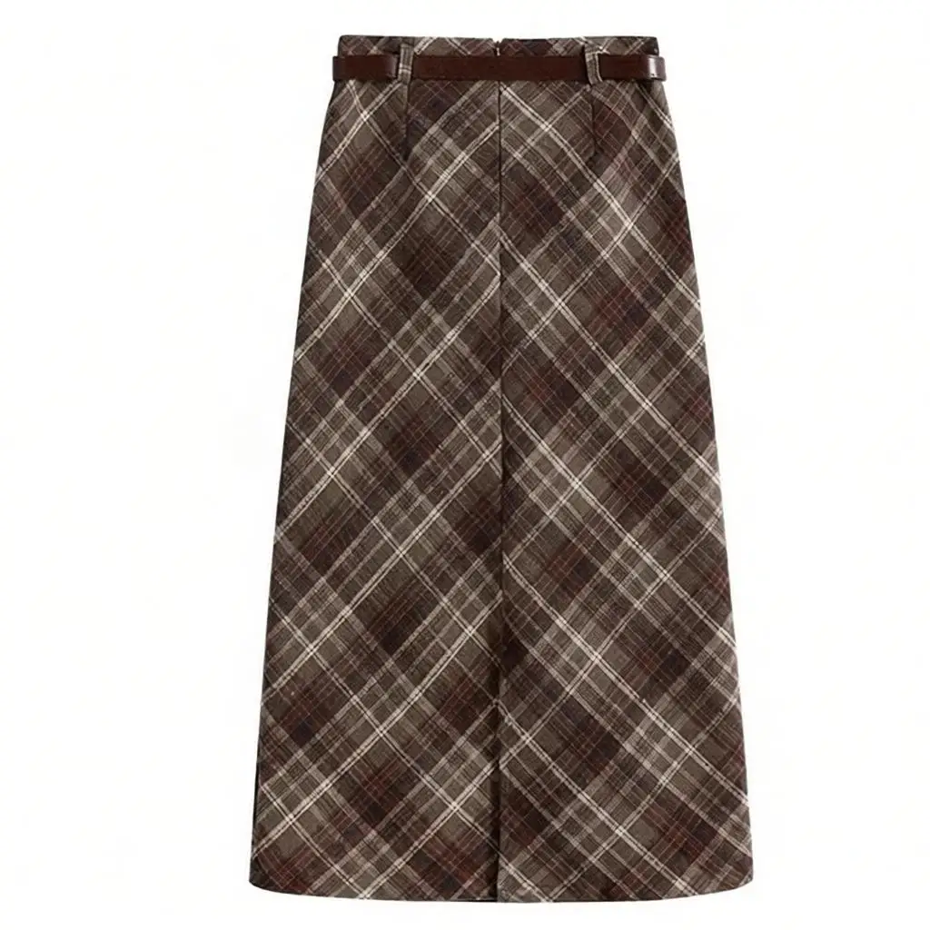 New Vintage Large Size Khaki Plaid Half Skirt Women's Woolen Long Skirt Autumn Winter High Waist Skirt A-Line Skirt