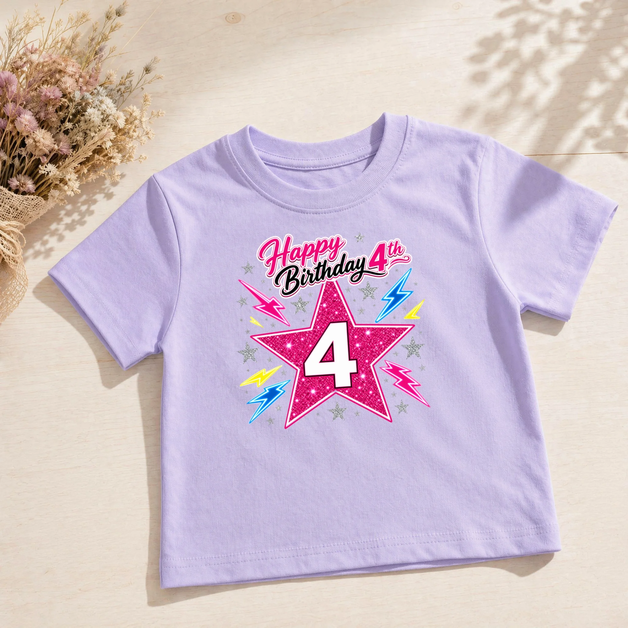 Toddler Girls Short Sleeved Birthday T-shirt Star Digital Printed Tops Summer Party Cotton Tees 3 4 5 6 7 8th