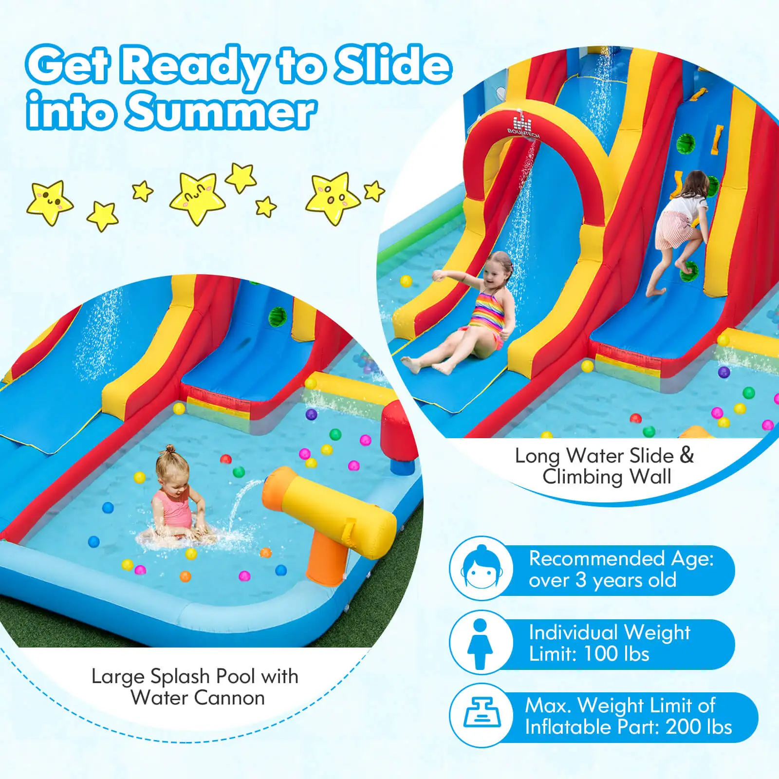 Inflatable Water Slide w/ Long Slide Climbing Wall Splash Pools with 735W Blower