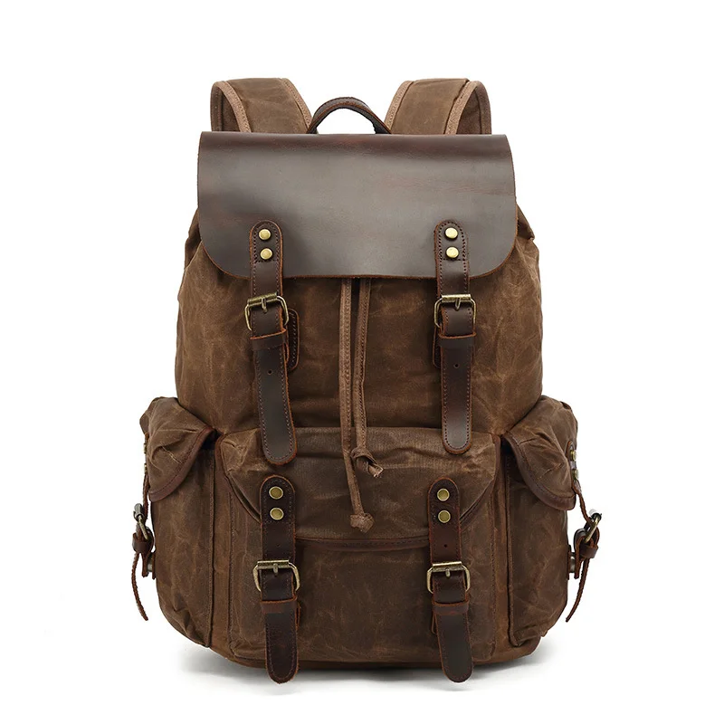 

Casual Oil Wax Canvas Backpacks Vintage Waterproof Large Capacity Travel Bag Women Mochila Leather Laptop Drawstring Rucksack