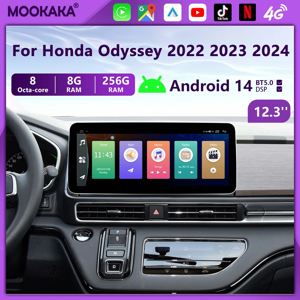 12.3'' Android 14.0 For Honda Odyssey 2022-2024 Touch Car Screen Navigation Apple Carplay Car Radio DSP BT Multimedia Player 4G