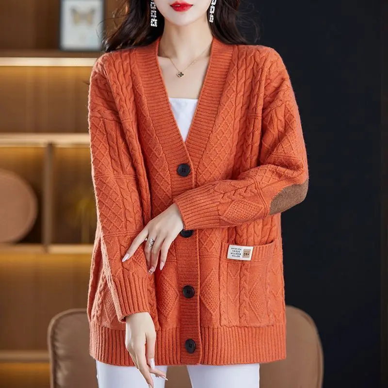 

Женская осенне-зимняя модная однотонная вязаная женская одежда на пуговицах, простой свитер с карманами, кардиган, топ с длинным рукавом и v-образным вырезом