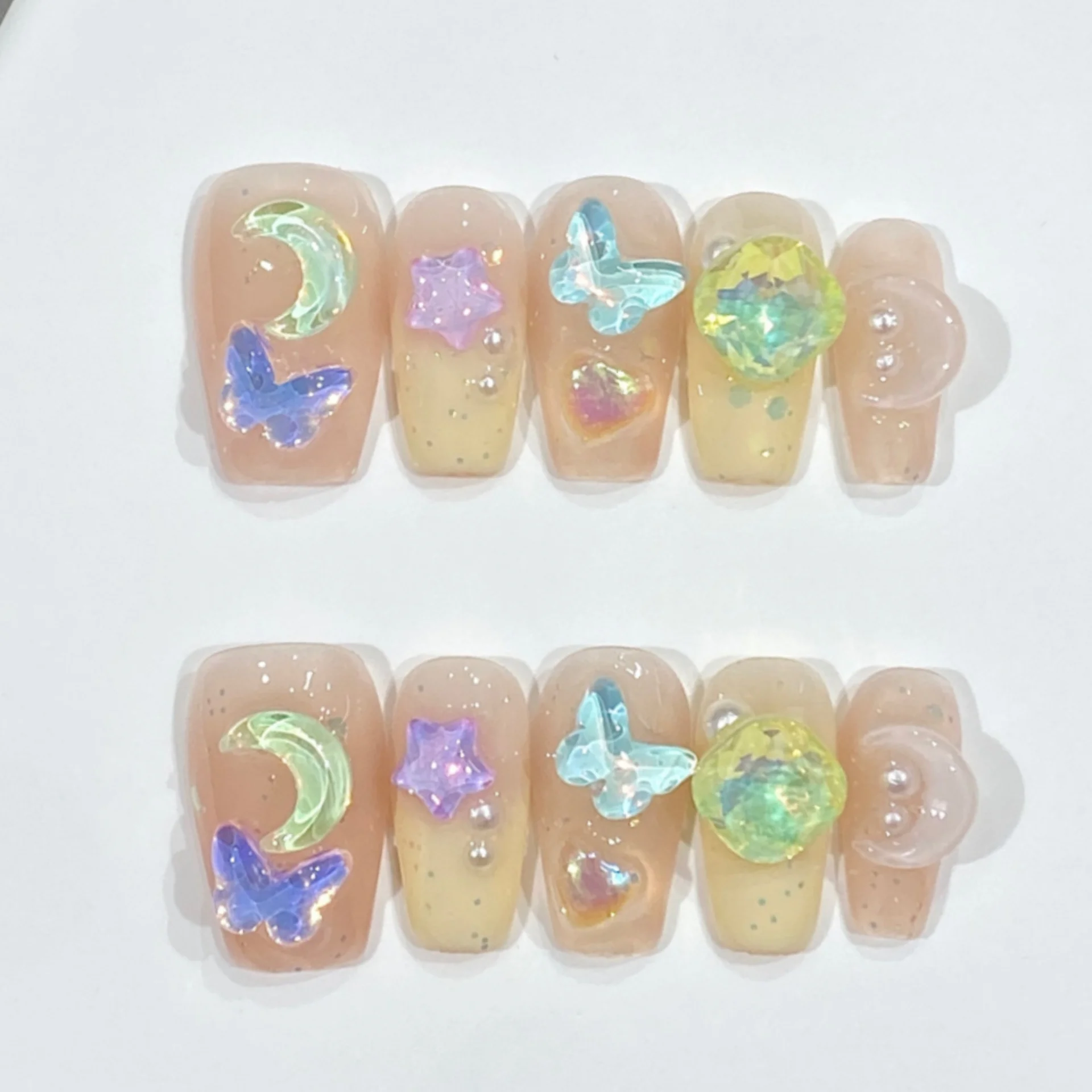

10pcs Summer Candy Handmade Fake Nails Star Moon Diamond Design Short Ballet Handmade False Nail Colorful Decor Press on Nails