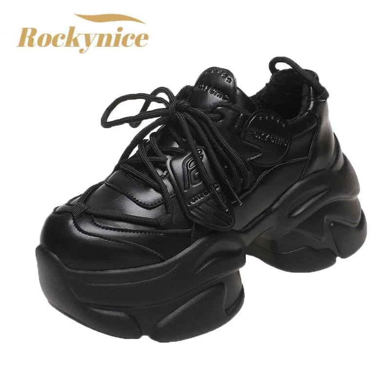 

Women Winter Warm Chunky Sneakers Thick Bottom Female Casual Leather Dad Shoe Lace Up 7.5CM High Platform Vulcanized Shoes Woman